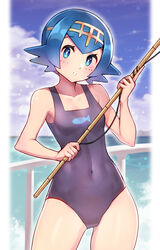  animal_print ass_visible_through_thighs bare_arms blue_eyes blue_hair blue_one-piece_swimsuit blush body_blush breasts bright_pupils cloud commentary_request covered_navel cowboy_shot day female fence fish_print fishing_rod freckles hairband highres holding holding_fishing_rod lana_(pokemon) looking_at_viewer no_sclera one-piece_swimsuit outdoors parted_lips pokemon pokemon_sm short_hair sky small_breasts solo swimsuit teeth water white_pupils yasu_suupatenin yellow_hairband 