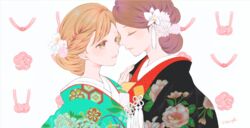  2girls aqua_kimono bad_id bad_pixiv_id black_kimono blonde_hair bride brown_eyes brown_hair closed_eyes closed_mouth commentary couple floral_print flower forehead-to-forehead hair_flower hair_ornament hand_on_another&#039;s_shoulder heads_together highres hiki_furisode japanese_clothes kimono knot layered_clothes layered_kimono lips long_hair looking_at_another multiple_girls original parted_lips pink_flower print_kimono sheepd simple_background smile tassel tied_hair twitter_username upper_body white_background wife_and_wife yuri 