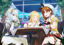  3girls ^_^ atelier_(series) atelier_ryza atelier_ryza_2 bare_shoulders belt black_nails black_skirt blonde_hair blue_belt blue_sky braid breasts brick_wall brown_belt brown_eyes brown_hair building chair cleavage closed_eyes crossed_legs cup earrings gem gloves hair_between_eyes hair_ornament hairband heterochromia highres hooded_robe indoors jacket jewelry key key_necklace klaudia_valentz large_breasts leather leather_belt leather_gloves long_hair multiple_girls nail_polish necklace nox13 off_shoulder open_mouth pale_skin parted_lips partially_fingerless_gloves pelvic_curtain plant red_eyes red_shorts reisalin_stout robe serri_glaus shirt short_hair short_shorts shorts side_braid single_sidelock single_thighhigh sitting skirt sky sleeveless sleeveless_jacket sleeveless_shirt table thick_thighs thigh_strap thighhighs thighs vines white_hair white_headwear white_shirt window yellow_eyes yellow_jacket 