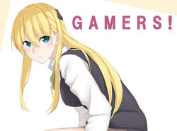  aqua_eyes blonde_hair blush collared_shirt commentary_request copyright_name female gamers! green_neckwear green_ribbons grey_skirt hair_between_eyes hair_ornament kirou_(kiruyuu1210) long_hair long_sleeves looking_at_viewer miniskirt neck_ribbon parted_lips ribbon shirt simple_background sitting skirt solo tendou_karen very_long_hair white_background white_shirt wing_collar 