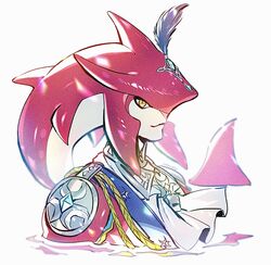  1boy ascot feathers gem highres male_focus monster_boy poroi_(poro586) sidon simple_background solo the_legend_of_zelda the_legend_of_zelda:_breath_of_the_wild upper_body white_ascot white_background yellow_eyes 