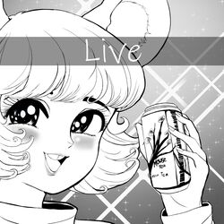  1980s_(style) animal_ears arizona_(drink) blush can commentary english_commentary english_text female franzj greyscale highres holding holding_can looking_at_viewer meme monochrome mouse_ears nazrin open_mouth parody portrait retro_artstyle short_hair smile snapchat snapchat_kill_guy_(meme) solo sparkling_eyes step_arts style_parody touhou 