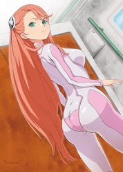  aida_rayhunton ass ass_focus bodysuit commentary_request female frown green_eyes gundam gundam_g_no_reconguista hair_down hair_ornament long_hair looking_at_viewer looking_back mitsutsu322 pilot_suit pink_bodysuit pink_hair science_fiction solo white_bodysuit 