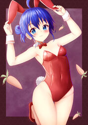  ahoge animal_ears armpits arms_up bare_shoulders blue_eyes blue_hair blush bow carrot closed_mouth collar commentary_request covered_navel detached_collar eris_(prophosphere) fake_animal_ears female groin hair_between_eyes hair_bun high_heels highres leotard looking_at_viewer original playboy_bunny prophosphere rabbit_ears rabbit_tail red_bow red_footwear red_leotard shoes smile solo strapless strapless_leotard tail white_collar wing_collar wrist_cuffs 