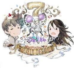  1boy 2girls agnes_oblige airy_(bravely_default) anniversary bravely_default:_flying_fairy bravely_default_(series) brown_eyes brown_hair cake copyright_name dress fairy fairy_wings food grey_hair highres ikusy multiple_girls official_art open_mouth pom_pom_(cheerleading) short_dress smile surprised sweatdrop tiz_arrior white_hair wings 