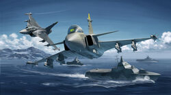  aircraft airplane cloud coat_of_arms commentary contrail day fighter_jet flying highres horizon jet military military_vehicle missile mountain mountainous_horizon ocean original ost02 saab_gripen ship sky svenska_flygvapnet tre_kronor vehicle_focus visby-class_corvette warship watercraft waves 