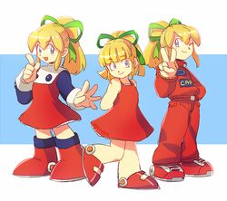  :d blonde_hair blue_background blue_eyes bow dress female green_bow green_ribbons hairbow index_finger_raised long_sleeves looking_at_viewer mega_man_(classic) mega_man_(series) multicolored_hair multiple_views one_eye_closed open_mouth pants poroi_(poro586) red_dress red_footwear red_pants ribbon roll_(mega_man) simple_background sleeveless sleeveless_dress smile two-tone_hair v white_background 