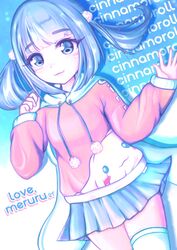  :3 blue_eyes blue_hair blue_skirt breasts cinnamoroll clenched_hand commentary drawstring english_commentary female highres hood hoodie matsuro_meru_(artist) medium_breasts medium_hair open_mouth pink_hoodie sanrio skirt smile solo thighhighs twintails waving 