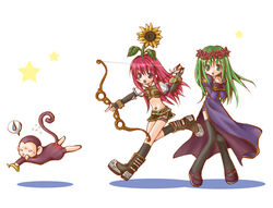  2girls arrow_(projectile) banana black_socks black_thighhighs boots bow_(weapon) breasts brown_footwear brown_shirt brown_shorts brown_skirt chibi commentary_request crop_top cropped_jacket drawing_bow dress elbow_gloves fingerless_gloves flower flower_on_head food fruit full_body gloves green_eyes green_hair head_wreath holding holding_bow_(weapon) holding_weapon hunter_(ragnarok_online) interlocked_fingers jacket juliet_sleeves kneehighs long_hair long_sleeves medium_breasts midriff miniskirt monkey multiple_girls navel open_mouth own_hands_together pink_hair priest_(ragnarok_online) puffy_sleeves purple_dress purple_eyes ragnarok_online running shirt short_shorts short_sleeves shorts shorts_under_skirt simple_background skirt smile socks spoken_sweatdrop star_(symbol) sunflower sweatdrop thighhighs tsuki_miso weapon white_background white_jacket wristband yoyo_(ragnarok_online) 