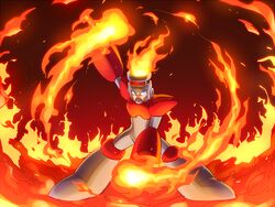  1boy arm_cannon artist_name blue_eyes dual_arm_cannons fire fire_man flaming_hand full_body gradient_background helmet male_focus mega_man_(classic) mega_man_(series) mega_man_1 poroi_(poro586) red_background robot solo standing twitter_username weapon 