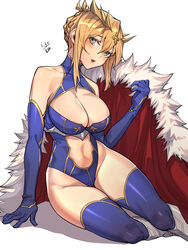  absurdres artoria_pendragon_(fate) artoria_pendragon_(lancer)_(fate) bad_id bad_pixiv_id bare_shoulders blonde_hair blue_gloves blue_leotard blue_thighhighs braid breasts cape chinese_commentary cleavage cleavage_cutout clothing_cutout commentary crown elbow_gloves fate/grand_order fate_(series) female french_braid fur_collar gloves green_eyes hair_between_eyes highleg highleg_leotard highres jinlin large_breasts leotard long_hair looking_at_viewer navel navel_cutout red_cape sidelocks sleeveless sleeveless_turtleneck sleeveless_turtleneck_leotard smile solo sparkle thighhighs turtleneck turtleneck_leotard 