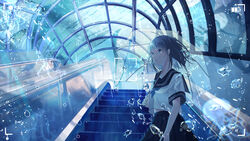  air_bubble black_hair black_sailor_collar black_skirt blue_eyes blue_neckerchief blue_theme blue_whale bubble commentary_request escalator female from_side highres holding holding_umbrella looking_ahead medium_hair neckerchief original parted_lips pleated_skirt sailor_collar school_uniform serafuku shirt short_sleeves signature skirt solo sutera_sea transparent transparent_umbrella umbrella underwater viewfinder whale white_shirt 