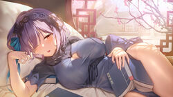  artist_request bad_id bad_twitter_id bed black_hairband blue_dress blue_ribbon blush book branch breasts cleavage_cutout clothing_cutout commentary_request dress female flower hairband hand_on_own_cheek hand_on_own_face highres holding holding_book indoors k_pring large_breasts looking_away lying masterwork_apocalypse moeran_(masterwork_apocalypse) on_side one_eye_closed orange_eyes parted_lips pillow plum_blossoms purple_hair ribbon second-party_source short_hair side_slit solo sunlight teeth thighs tree turtleneck turtleneck_dress upper_teeth_only 