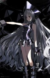  black_footwear boots breasts chastity_belt dark_background female fingerless_gloves gloves grey_hair hou_(ppo) iron_maiden_jeanne keyhole knee_boots leotard long_hair medium_breasts outstretched_arm parted_lips purple_leotard red_eyes shaman_king simple_background solo very_long_hair watermark web_address 