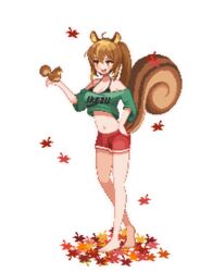  :d ahoge animal_ears animal_on_hand artist_request autumn_leaves bare_legs bare_shoulders barefoot blush bra_strap brown_eyes brown_hair clothes_writing commission crop_top crop_top_overhang cropped_shirt female full_body green_shirt hair_between_eyes hand_on_own_hip large_tail long_hair midriff navel off-shoulder_shirt off_shoulder open_mouth original park_bokja pixel_art ponytail red_shorts second-party_source shirt short_shorts short_sleeves shorts smile solo squirrel squirrel_ears squirrel_tail standing stomach t-shirt tail transparent_background v-shaped_eyebrows 