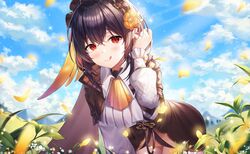  :q absurdres ascot bent_over black_hair black_skirt blue_sky character_request closed_mouth cloud cloudy_sky collared_shirt cowboy_shot day female hand_up headdress highres honkai_(series) honkai_impact_3rd leaf leaves_in_wind long_sleeves looking_at_viewer meadow medium_hair mellozzo miniskirt mirrored naughty_face outdoors petals puffy_sleeves red_eyes shirt skirt sky smile solo standing sunlight tongue tongue_out white_shirt 