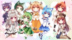  6+girls animal_ear_fluff animal_ears animare bear_ears bear_hair_ornament bear_paws black_ribbon commentary_request dog_ears haibara_akane hair_ornament hashiba_natsumi_(animare) highres hinokuma_ran inaba_haneru_(animare) kazami_kuku multiple_girls nanashi_inc. ribbon shiromiya_mimi souya_ichika souya_ichika_(1st_costume) twintails usaba_(usabara_c) virtual_youtuber yunohara_izumi 