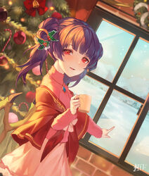  blunt_bangs braid candy candy_cane christmas christmas_tree commission cup dragon_wings dutch_angle female fire_emblem fire_emblem:_the_sacred_stones food hair_ornament highres holding holding_cup indoors jewelry kiriyama2109 light_smile long_hair long_sleeves looking_at_viewer myrrh_(fire_emblem) parted_lips pendant pink_shirt pointing purple_hair red_eyes shirt signature skeb_commission skirt solo twin_braids twintails white_skirt window wings winter 