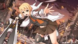  angry black_legwear black_shirt blonde_hair boots brown_eyes brown_skirt building commentary_request embers extra female furrowed_brow haru_estia highres holding holding_sword holding_weapon jacket knee_boots leg_lift looking_at_viewer necktie open_mouth orange_necktie outdoors outstretched_hand pleated_skirt queasy_s road running shirt short_hair single_thighhigh skirt smoke solo_focus soulworker street sword thighhighs torn_clothes torn_thighhighs traffic_cone twitter_username weapon white_footwear white_jacket 