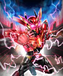  1boy armor build_driver driver_(kamen_rider) electricity flying fullfull_bottle gloves ground_vehicle hazard_trigger highres incoming_attack incoming_punch kamen_rider kamen_rider_build kamen_rider_build_(series) leg_up male_focus military military_vehicle motor_vehicle power_armor powering_up punching rabbit+rabbit_form red_eyes rider_belt ryukawa tokusatsu 