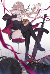  artoria_pendragon_(fate) bare_shoulders black_footwear black_jacket black_nails black_ribbon black_thighhighs blonde_hair blurry blurry_foreground boots breasts burger collarbone commentary_request crossed_legs excalibur_morgan_(fate) fate/grand_order fate_(series) female food hair_ribbon hanagata high_heel_boots high_heels highres holding holding_food jacket long_hair looking_at_viewer medium_breasts multicolored_clothes multicolored_jacket official_alternate_costume pink_jacket ponytail red_ribbon ribbon saber_alter saber_alter_(ver._shinjuku_1999)_(fate) solo sword thigh_boots thighhighs tongue tongue_out two-sided_fabric two-sided_jacket two-tone_jacket weapon yellow_eyes 