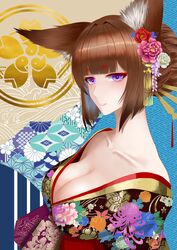  absurdres alternate_costume amagi_(azur_lane) animal_ear_fluff animal_ears azur_lane blush breasts brown_hair collarbone eyeshadow female floral_print flower fox_ears frozen-sad hair_bun hair_flower hair_ornament hair_up highres large_breasts looking_at_viewer makeup mitsudomoe_(shape) pale_skin purple_eyes short_eyebrows single_hair_bun solo tomoe_(symbol) upper_body 