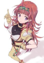  breasts charlotte_hasting female from_above highres large_breasts long_hair looking_back pilot_suit pointing pointing_up purple_eyes red_hair science_fiction solo super_robot_wars super_robot_wars_v takemura_makoto_(hakushikei) yellow_eyes 