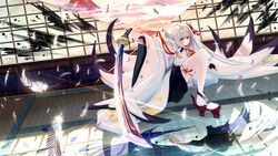  azur_lane black_gloves blue_eyes feathers female fingerless_gloves gloves grey_hair highres holding holding_sword holding_weapon indoors ink ink_stain ito_lab japanese_clothes katana kimono long_hair outstretched_arm red_footwear shoukaku_(azur_lane) solo sword thighhighs weapon white_feathers white_hair white_kimono white_thighhighs wide_sleeves 