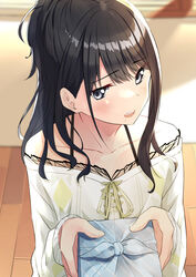  absurdres bare_shoulders black_hair blush collarbone commentary_request female gift grey_eyes highres idolmaster idolmaster_shiny_colors kazano_hiori megurumiru mole mole_under_mouth open_mouth ponytail solo 