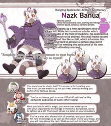  anthro blush bottomwear character_bio chardonnay_romancia clothing cotton_(artist) english_text gloves handwear hi_res lemur male mammal nazk_banua primate shorts staff strepsirrhine text 