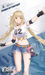  :q ahoge arm_up bandaid belt black_choker black_gloves blonde_hair blue_shorts breasts choker closed_mouth clothing_cutout crop_top cutoffs denim denim_shorts exposed_pocket female fingerless_gloves front-tie_top gloves hair_ornament large_breasts long_hair looking_at_viewer low_twintails midriff navel official_art orange_eyes outstretched_arm shirli_(tower_of_fantasy) shirt short_shorts short_sleeves shorts shoulder_cutout smile solo star_(symbol) star_hair_ornament stomach thighs tongue tongue_out tower_of_fantasy twintails undershirt very_long_hair white_shirt x_hair_ornament 