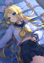  alternate_hair_length alternate_hairstyle blonde_hair blue_eyes bow commentary crop_top female hair_ornament hairband hairbow hairclip highres kagamine_rin long_hair looking_at_viewer school_uniform serafuku solo soramame_pikuto vocaloid 