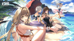  4girls :d ahoge arm_strap artist_request bare_shoulders barefoot beach bikini black_bikini black_choker blonde_hair blue_one-piece_swimsuit blue_vest breasts brown_eyes brown_hair character_request choker cloud criss-cross_halter day food food_in_mouth frilled_bikini frills grey_hair hair_ornament halterneck highres horns innertube knee_pads knees_up large_breasts long_hair looking_at_another looking_at_viewer low_twintails medium_breasts multiple_girls ocean off_shoulder official_art one-piece_swimsuit open_clothes open_mouth outdoors popsicle popsicle_in_mouth purple_eyes scrunchie see-through shirli_(tower_of_fantasy) short_hair sitting sky smile star_(symbol) star_hair_ornament string_bikini sunlight swim_ring swimsuit thighs tower_of_fantasy twintails umbrella very_long_hair vest wanderer_(tower_of_fantasy) water white_bikini wrist_scrunchie yellow_eyes 