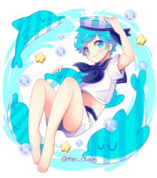  1boy :3 barefoot blue_eyes blue_hair blush bubble commentary_request cookie_run dolphin feet full_body hat humanization looking_at_viewer male_focus midriff peppermint_cookie sailor sailor_collar sailor_hat shorts solo spanish_commentary star_(symbol) twitter_username yoyochaan 