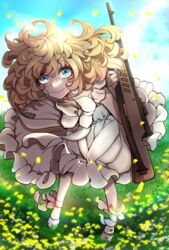  ankle_ribbon blonde_hair curly_hair dress female field flower flower_field gun hal_(goshujinomocha) highres leg_ribbon multicolored_eyes outdoors petals ribbon rifle sig_mkms solo tanya_degurechaff weapon white_dress wind youjo_senki 