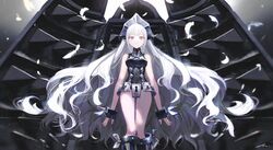  bad_id bad_twitter_id black_footwear boots breasts chastity_belt closed_mouth feathers female fingerless_gloves gloves hou_(ppo) iron_maiden iron_maiden_jeanne keyhole knee_boots long_hair medium_breasts red_eyes shaman_king sidelocks solo very_long_hair white_hair 