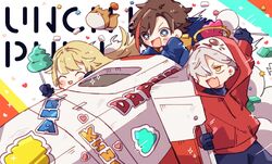  +_+ 2boys ^_^ aimai_(aimailskl) aizawa_ema apex_legends black_gloves blonde_hair blue_eyes blush brown_hair chibi closed_eyes crazy_raccoon daruma_is_god driving female floating_hair gloves hair_flaps hair_over_one_eye halo holding hood hoodie kinako_(crazy_raccoon) long_hair multicolored_hair multiple_boys red_hoodie smile sparkle streaked_hair trident_(apex_legends) v-shaped_eyebrows virtual_youtuber vspo! 