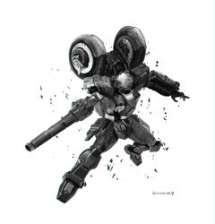  absurdres artist_name babyj0 damaged debris floating gun highres holding holding_gun holding_weapon kikou_souseiki_mospeada looking_at_viewer machinery mecha monochrome mospeada mospeada_(mecha) no_humans open_hand redesign robot science_fiction solo weapon white_background 