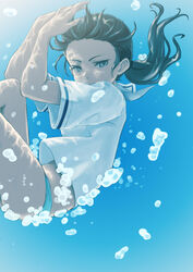  air_bubble arms_up black_hair blouse bubble commentary english_commentary female hair_tie half-closed_eyes highres knees_up kuroneko_douji long_hair looking_at_viewer no_pants original panties ponytail school_uniform serafuku shirt short_sleeves solo submerged underwater underwear water white_panties white_shirt 