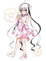  ahoge alternate_costume bare_arms bare_shoulders black_hair bouquet bow commentary_request dress female floral_background full_body gokotai_yoshimitsu high_heels holding holding_bouquet multicolored_hair pink_ribbon ponytail ribbon scrunchie shouji_ayumu solo standing standing_on_one_leg tenka_hyakken two-tone_hair wedding_dress white_background white_dress white_hair yellow_eyes 