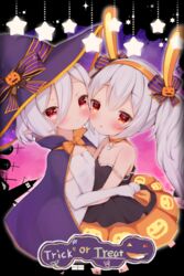  2girls alternate_costume animal_ears azur_lane bad_anatomy bad_id bad_pixiv_id black_camisole black_cloak camisole cloak elbow_gloves elf fake_animal_ears flat_chest food-themed_hair_ornament gloves hair_between_eyes hair_ornament halloween halloween_costume hat headband headwear_request highres hug irokari jewelry kokkoro_(princess_connect!) laffey_(azur_lane) light_blush long_hair looking_at_viewer medium_hair multiple_girls orange_skirt pendant pointy_ears princess_connect! pumpkin_hair_ornament pumpkin_print rabbit_ears red_eyes ribbon skirt star_(symbol) strap_slip twintails white_gloves white_hair 