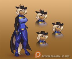  2020 anthro big_breasts blonde_hair breasts clothed clothing coat digital_media_(artwork) english_text equid equine female fully_clothed hair hat headgear headwear horse law_of_love mammal mary_(law_of_love) patreon patreon_logo police police_uniform reaper3d sheriff simple_background smile solo text topwear uniform url wide_hips 