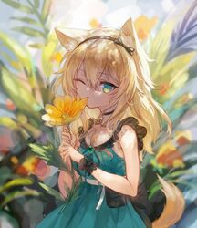  animal_ear_fluff animal_ears arknights black_bow black_choker black_hairband blonde_hair bow choker collarbone dog_ears dog_girl dog_tail dress female flower green_dress green_eyes hair_between_eyes hairband highres holding holding_flower long_hair looking_at_viewer official_alternate_costume one_eye_closed plant podenco_(arknights) podenco_(wake_up_from_a_nap)_(arknights) pouch smile solo spacelongcat tail tongue tongue_out upper_body wrist_cuffs 