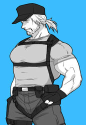  1boy alternate_costume bara baseball_cap beard blue_theme chest_harness cid_nan_garlond facial_hair final_fantasy final_fantasy_xiv harness hat highres large_pectorals male_focus mature_male muscular muscular_male pectorals shirt short_hair short_sleeves solo sugo6969 tight_clothes tight_shirt white_hair 