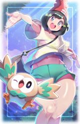  bag beanie black_hair blue_eyes female from_below green_shorts hat highres looking_at_viewer medium_hair navel one_eye_closed open_mouth pokemon pokemon_(creature) pokemon_sm red_headwear rowlet selene_(pokemon) shirt short_shorts short_sleeves shorts shoulder_bag teeth upper_teeth_only white_shirt yasu_suupatenin 