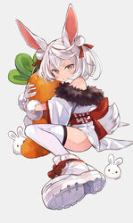  animal_ears brown_eyes commentary_request female fur-trimmed_sleeves fur_trim gloves grey_background grey_hair highres hugging_object obi off_shoulder original rabbit_ears sash shoe_soles shoes short_eyebrows simple_background solo stuffed_carrot thick_eyebrows thighhighs white_footwear white_gloves white_thighhighs yuko_(uc_yuk) 