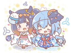  2girls ^_^ ahoge black_eyes blue_hair blue_kimono bow chibi closed_eyes daifuku_(yukihana_lamy) heart heart_ahoge hololive hololive_english japanese_clothes kimono long_hair mitarashi_neko multiple_girls ninomae_ina&#039;nis obi oerba_yun_fang open_mouth pointy_ears red_bow sash skin_fang smile takodachi_(ninomae_ina&#039;nis) twintails virtual_youtuber white_kimono yukata yukihana_lamy yukihana_lamy_(new_year) 