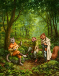  2022 anthro clothed clothing day detailed_background digital_media_(artwork) domestic_cat eurasian_red_squirrel felid feline felis forest grass group irbeus male mammal outside plant rodent sciurid smile tree tree_squirrel trio 