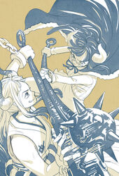  2girls attack bare_arms bare_shoulders cape chains club_(weapon) covered_mouth cuffs curled_horns earrings fingernails floating_hair fur-trimmed_cape fur_trim grin highres holding holding_weapon hoop_earrings horns japanese_clothes jewelry kanabou kimono living_(pixiv5031111) long_hair long_sleeves mask mouth_mask multicolored_hair multicolored_horns multiple_girls one_piece oni parrying rope shackles shimenawa sidelocks skirt sleeveless sleeveless_kimono smile spiked_club spikes sweater two-tone_hair ulti_(one_piece) v-shaped_eyebrows weapon yamato_(one_piece) 