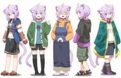  :3 ahoge alternate_costume animal_collar animal_ear_fluff animal_ears black_collar boots cat_ears cat_girl cat_tail collar crocs female hair_between_eyes highres hololive jacket looking_at_viewer multiple_views nekomata_okayu onigiri_print overalls ponono purple_eyes purple_hair raincoat sandals short_hair shorts simple_background smile tail virtual_youtuber white_background 